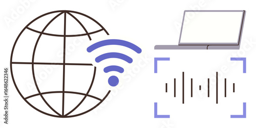 Globe with wireless signals, laptop displaying sound waves. Ideal for technology, communication, audio streaming, connectivity, internet, data transfer, digital media simple flat metaphor