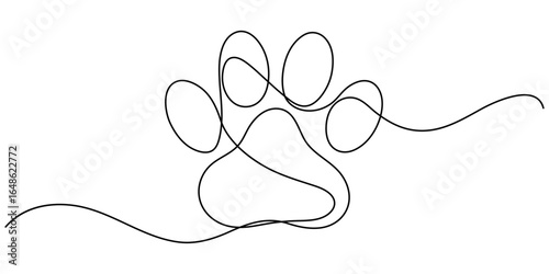 Continuous one line drawing of a animal paw pad, One line drawing of a dog paw print in minimalist vector outline style, isolated on white background. 