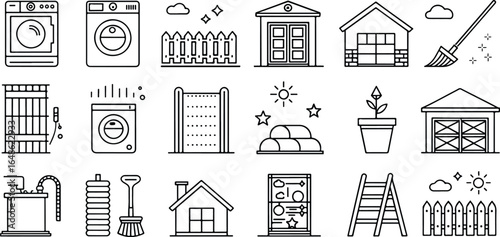 Home and Garden Outline Icon Set Featuring Laundry Machines Fences Houses and Cleaning Supplies for Design Projects
