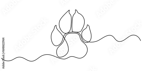 Continuous one line drawing of a animal paw pad, One line drawing of a dog paw print in minimalist vector outline style, isolated on white background. 