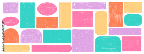 Childish crayon doodle borders set. Colorful uneven rectangular frames with hand drawn chalk effect. Grunge text boxes for kindergarten, invitations, and creative designs.