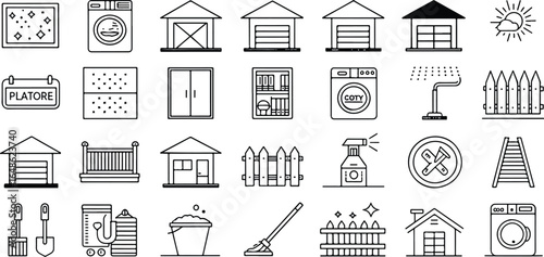 Assorted Home and Garden Icon Set in Black and White Outline Style for Web Design Projects and Applications
