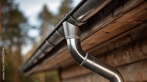 Close-up of a metal gutter system attached to a wooden cabin, showcasing craftsmanship and outdoor aesthetics.