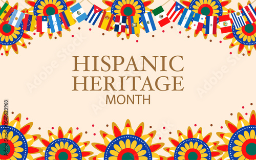 Hispanic Heritage Month Celebration. Colorful flags and sunflower pattern vector illustration