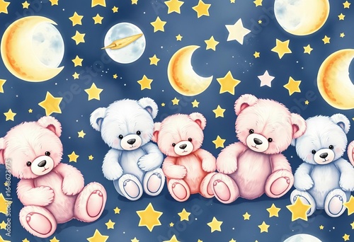Soft pastel teddy bears nestled amongst watercolor moons and stars; seamless nursery pattern,  nursery,  design