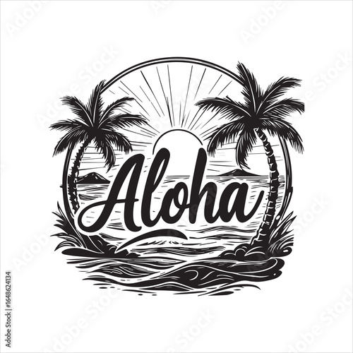 Aloha Hawaii Retro Typography Design,Tropical Aloha Hawaii Beach Logo,Summer Palm Tree Hawaii Illustration,Vintage Aloha Hawaii Travel Badge,Hawaiian Island Paradise Vector Art,Aloha Hawaii Palm Tree 