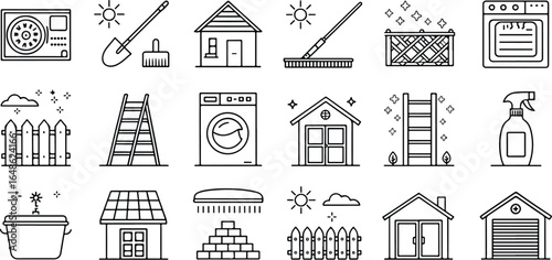 Collection of household chores and maintenance tasks represented in simple line art style perfect for icons and graphics