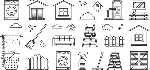 Household Chores and Home Maintenance Vector Icon Set for Cleaning and Repair Services in Minimalist Style