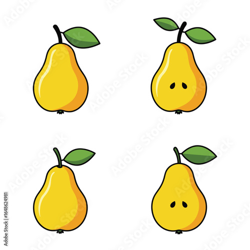 Four yellow pears with green leaves on a white background