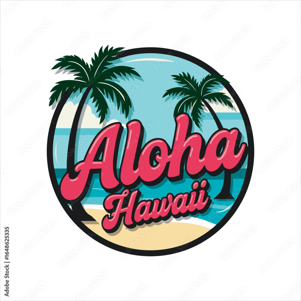 Naklejka premium Aloha Tropical Beach Logo Design,Hawaii Palm Tree Sunset Vector,Summer Vacation Retro Badge,Island Paradise Travel Emblem,Beach Adventure Vintage Illustration,Tropical Coastline Graphic Design