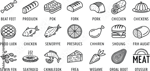Collection of Abstract Food Icons in Black and White Vintage Style perfect for menu design or culinary branding projects