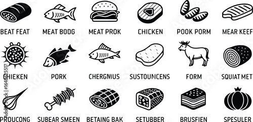 Collection of Various Food Icons and Text Labels in Black and White Illustration Style with Creative Naming Conventions