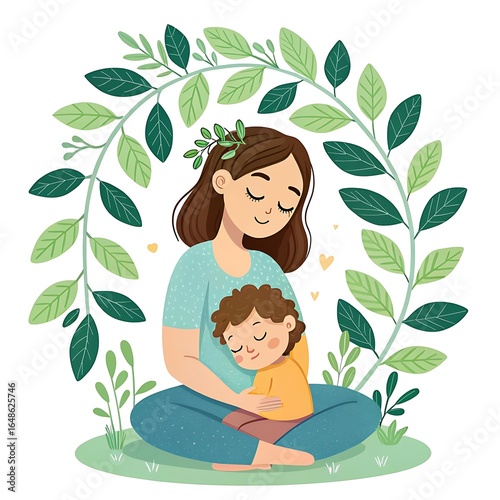 white and Mother and Child Sitting Peacefully Under Green Leaves isolated on white background