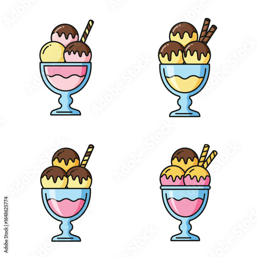 Colorful cartoon ice cream sundaes in blue glasses with chocolate toppings