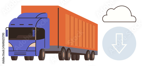 Freight truck on delivery route with cloud and download icon. Ideal for transportation, logistics, cloud computing, cargo, shipping, fleet management, modern connectivity. Simple flat metaphor