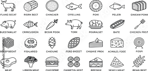 Diverse Collection of Stylized Food Icons Featuring Animal Products and More Black and White Illustration