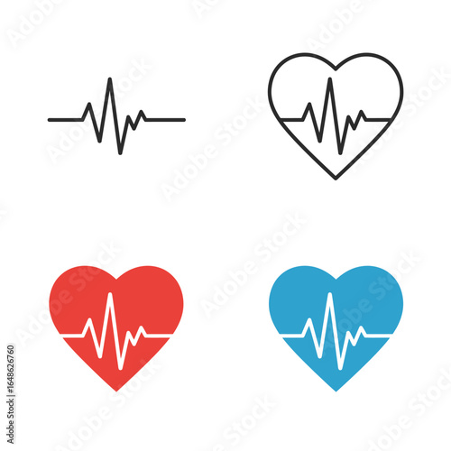 Heart rate icons with electrocardiogram lines in different colors and styles