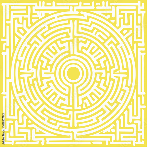 Labyrinth or maze seamless pattern with bold chaotic brush strokes and circles. Pink maze lines on yellow bg.