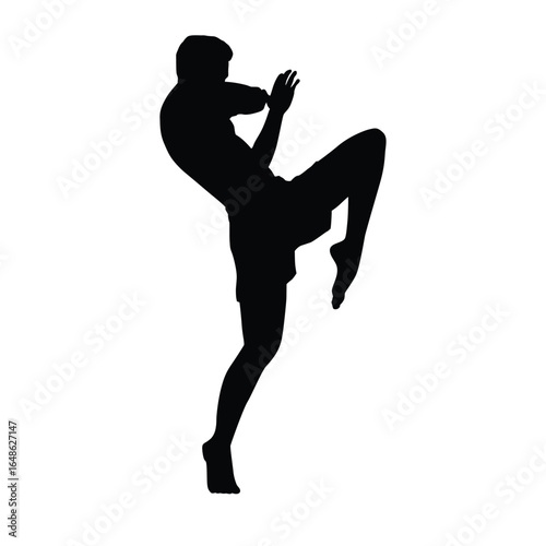 Silhouette vector of a Muay Thai fighter in an aggressive and dynamic kneeling stance