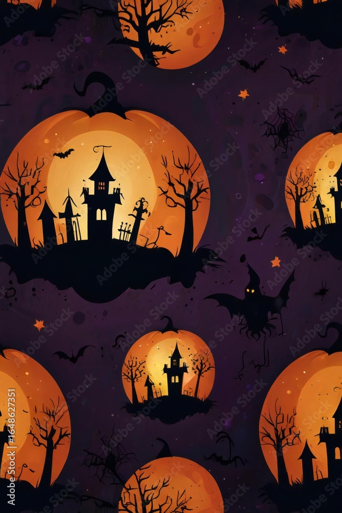 Fototapeta premium Spooky halloween pumpkin scene with haunted house and silhouetted trees