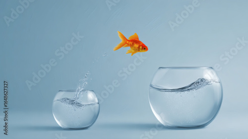 A golden goldfish leaps from its confining fishbowl into the bigger aquarium, a daring jump for bigger opportunity