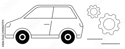 Side view of a compact car in linear style alongside two mechanical gears. Ideal for automotive, transportation, technology concepts, engineering, innovation, repair, mechanics, simple landing page