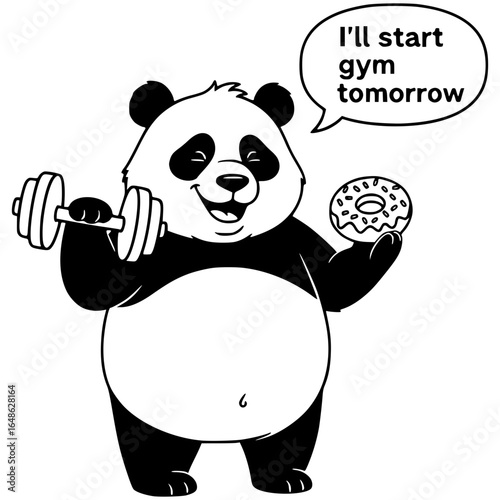 Procrastinating Panda's Promise: A humorous illustration depicts a panda playfully holding a dumbbell and a donut.