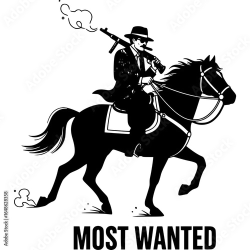 Most Wanted Silhouette: A vintage-style illustration of a shadowy figure, riding a horse with a weapon in hand, evokes a sense of mystery and intrigue.