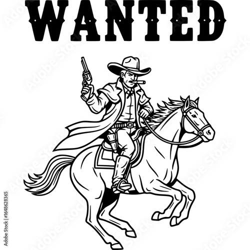 Wanted Cowboy: A stylized, monochrome illustration portrays a wanted cowboy on horseback, pistol drawn, a classic representation of the Old West.