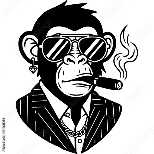Dapper Chimp with Cigar and Sunglasses: A suave and sophisticated chimpanzee, exuding an air of confidence and style with its stylish suit, diamond earring, chain, sunglasses, and a lit cigar.