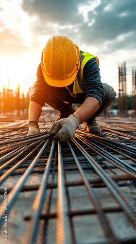 Worker with contruction iron lines for building foundation. Hard work at sunset. 