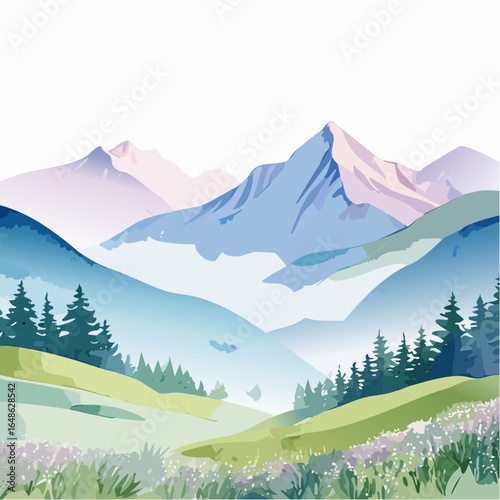 A vector watercolor landscape featuring misty mountains and serene valleys in pastel shades of blue, green, and lavender, with soft brush strokes and subtle gradients, ideal for nature-themed posters.