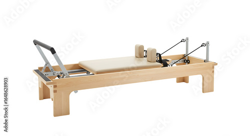 Pilates reformer machine in wood. It shows the mechanisms and materials, product staging, branding, posters.