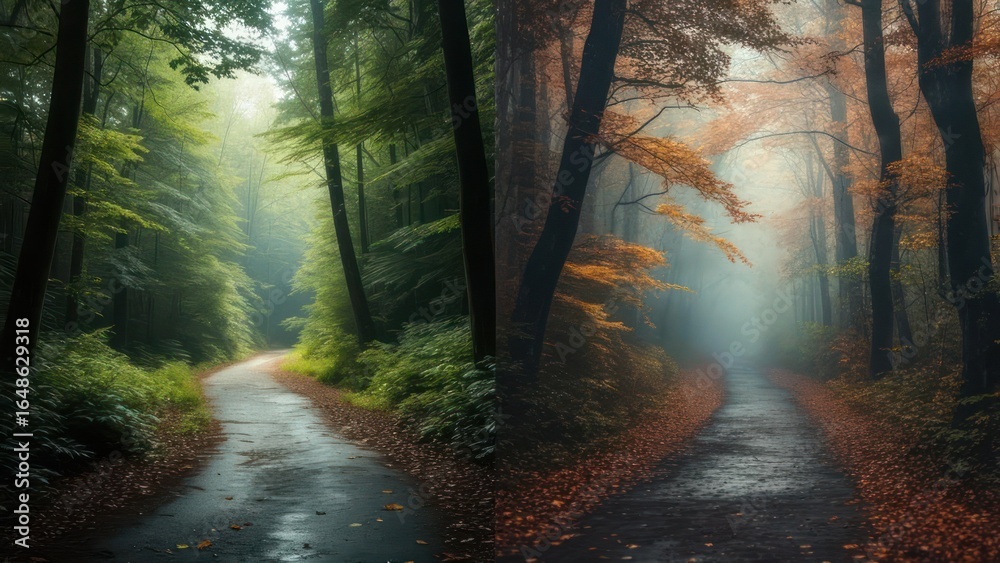 Naklejka premium Serene Forest Path: A Fork in the Road Through Lush Greenery and Autumn Hues