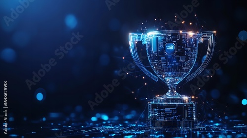 Victory in the Digital Age A shimmering tech trophy symbolizing future success against a blue bokeh
