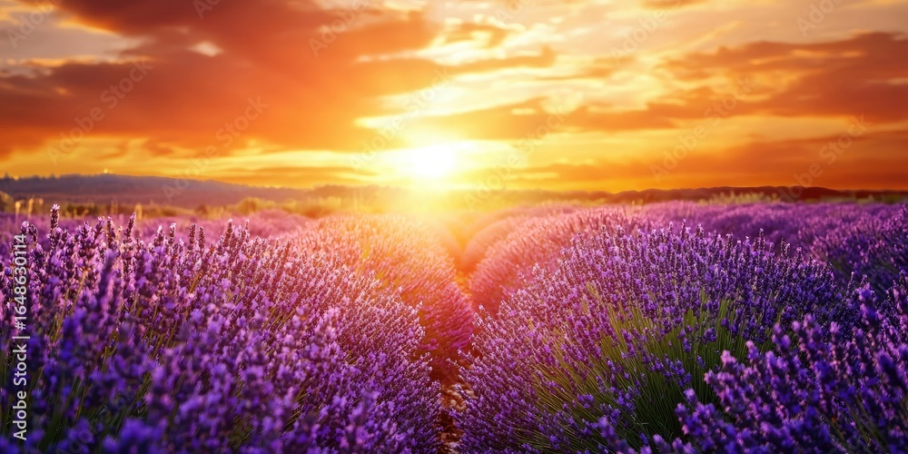 Obraz premium Fragrant lavender field garden under golden sunset