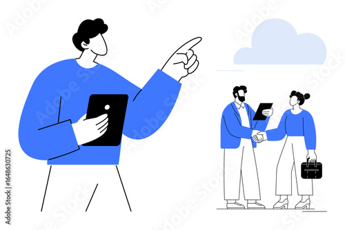 Professional interacts with tablet while colleagues discuss ideas and shake hands under a cloud. Ideal for teamwork, communication, technology, networking, partnership, collaboration, simple flat