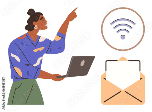 Woman holding a laptop and pointing upward, wireless signal icon, and open letter mail graphic. Ideal for communication, technology, remote work, business, email, digital networking and online