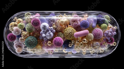 Vibrant capsule filled with diverse gut microbes portrayed as colorful textured spheres