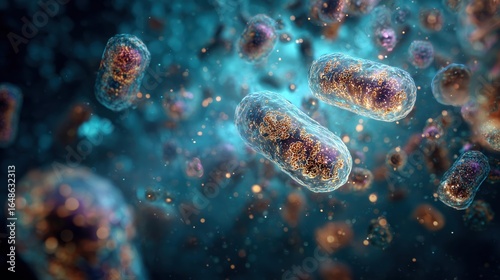Shimmering probiotic bacteria floating in a vibrant healthy gut microbiome (3D illustration)