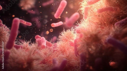 Medical animation still of gut microbes digesting dietary fiber on mucosal surface