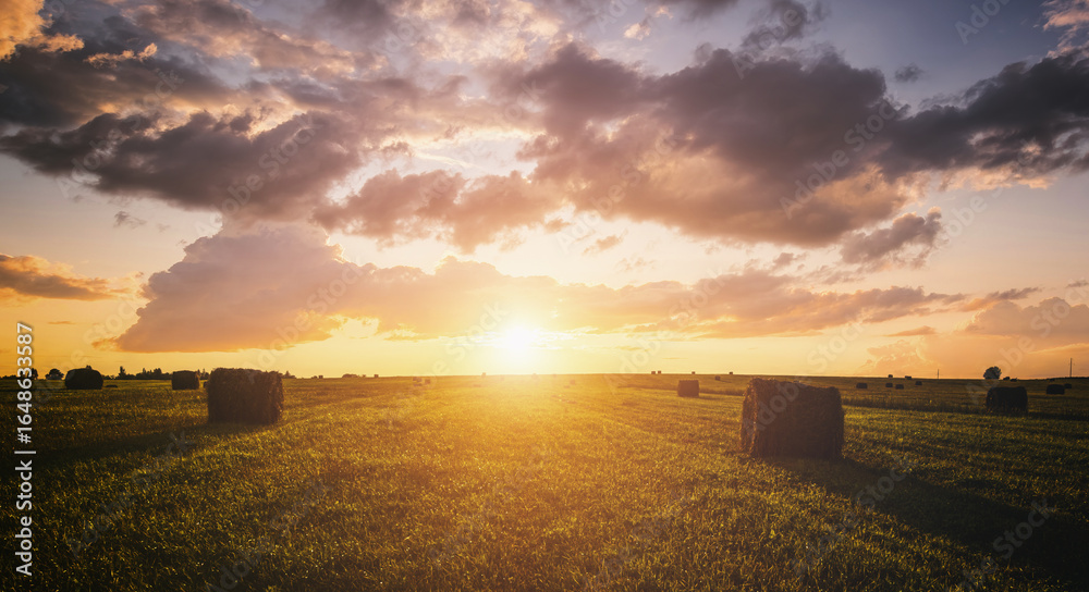 Fototapeta premium Sunset over hay bales in a field. Golden light bathes the landscape, creating a tranquil scene. For agriculture, travel and inspiring greeting card designs. Vintage film aesthetic.