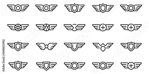 Collection of Modern Winged Shield and Circle Logo Icons: Black Line Art Graphics.