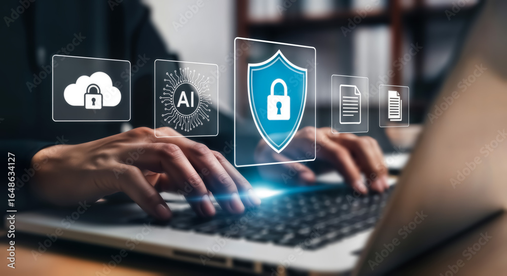 Naklejka premium Person using a laptop with digital security icons floating above, representing cybersecurity, data protection, and network security in the digital age