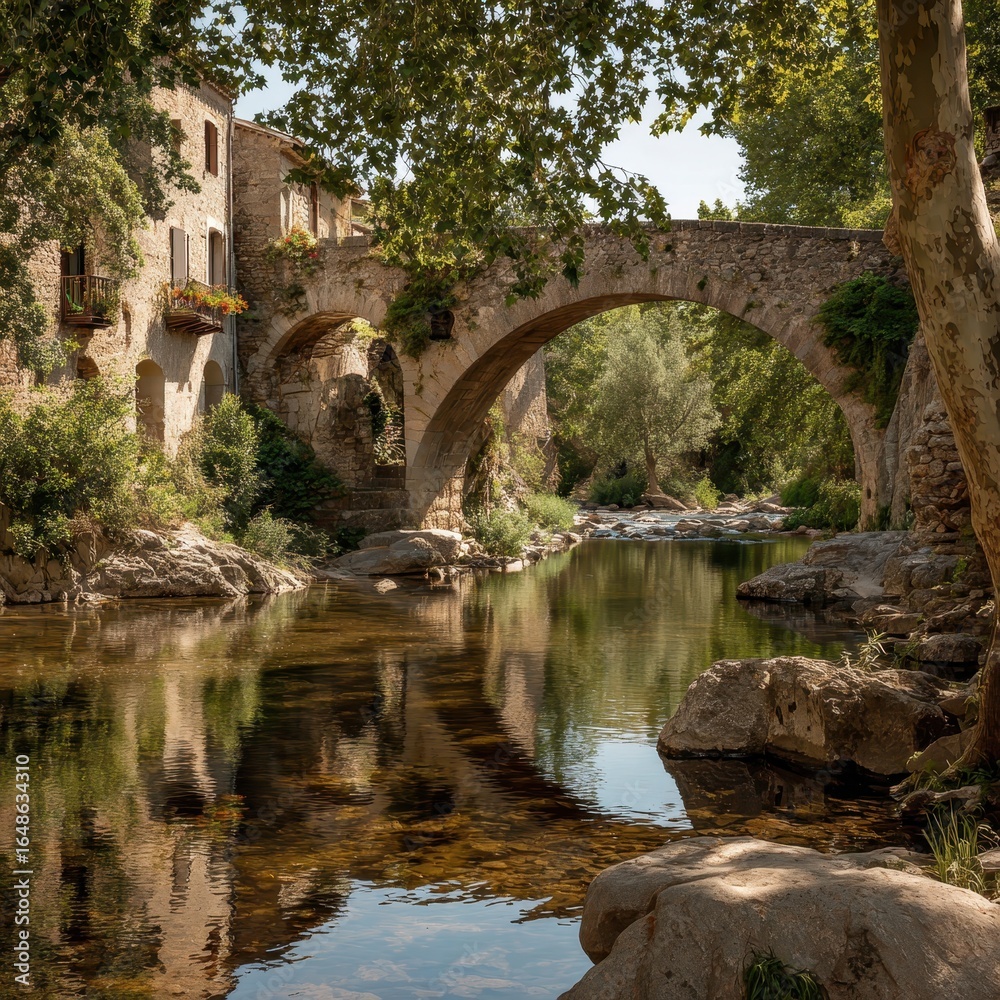 Fototapeta premium Stone bridge crossing a river in a sunny summer day in lagrasse, france