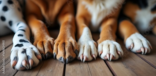 Closeup of four dog paws resting on a wooden floor, showcasing their unique patterns and textures
