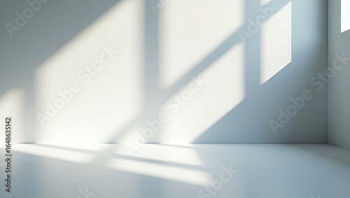 Empty room with sunlit shadows on white walls and floor.