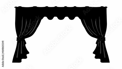 Illustration of a black curtain design with tiebacks and scalloped valance on a white background scene