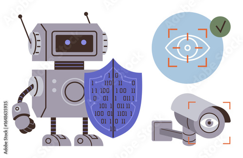 Robot holding binary code shield, eye scan with approval mark, security camera focusing on target. Ideal for cybersecurity, AI, data privacy, surveillance, biometric authentication, technology