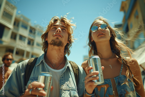 woman holding aluminum can with condensation droplet. Energy Drink for Sport. woman with Can in Hands. 